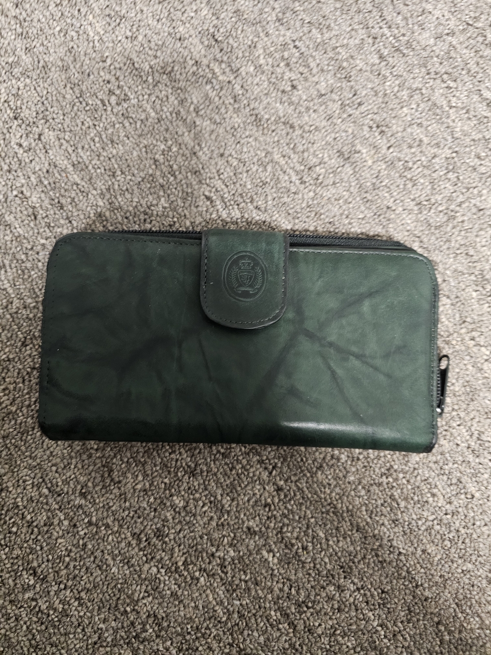 Green Leather Zip-Around Wallet with Snap Closure